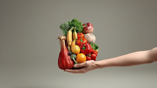 手握袋子中食物的 3d 渲染