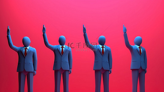 专业团队背景图片_一群穿着红色西装的专业高管举手并展示蓝色想法 3D 渲染