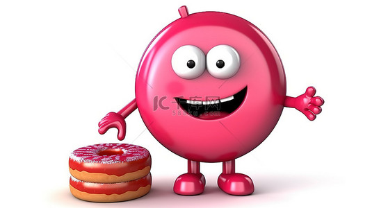 白色背景上带有商业饼图信息图表的草莓粉色釉面甜甜圈吉祥物的 3D 渲染