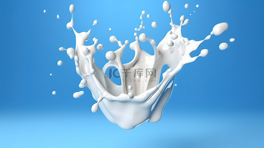 牛奶与化妆品溅到蓝色背景上的 3D 渲染插图