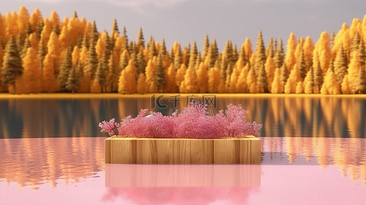 全景环绕背景图片_从木制平台欣赏湖景，周围环绕着粉红色的树木和黄色的夏草 3D 渲染