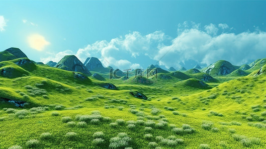 蓝天绿地背景背景图片_蓝天衬托下的华丽绿色山脉的 3D 渲染
