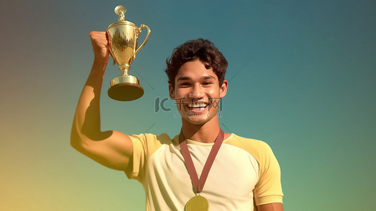 生活光芒背景图片_胜利运动员手持奖杯喜气洋洋的 3D 合成图像