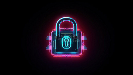 用于 ui ux 设计现代界面元素的锁定挂锁 3d 渲染的发光霓虹灯图标