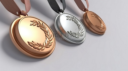 柔和的彩色 3D 奖牌系列，带有金银和铜符号