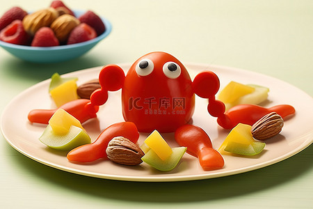 螃蟹蔬菜背景图片_盘子里有螃蟹形状的水果和坚果