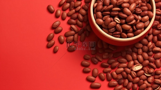 3D 顶视图渲染中红色木桌面上的咖啡豆堆