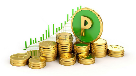 金币上上升的绿色箭头的 3D 渲染，带有美元符号条和图表，描绘了白色背景下的金融增长和成功