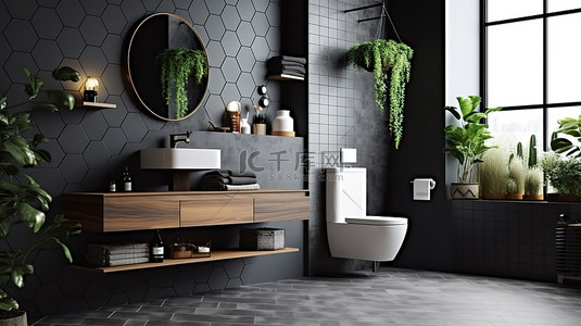 带黑砖墙和六角形瓷砖地板的阁楼式厕所的 3D 渲染