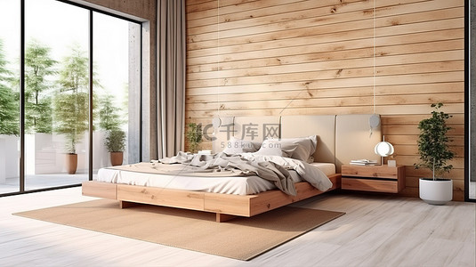 简约设计卧室中木阁楼设计的 3D 渲染