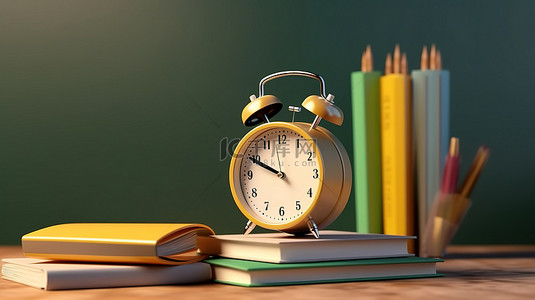 铅笔和教科书的插图，顶部带有闹钟，象征着教育中的时间管理
