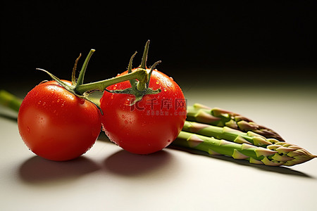绿色新鲜背景图片_两个绿色蔬菜，一个番茄和芦笋