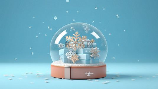 圣诞雪球与雪花和礼品盒蓝色柔和的背景 3D 渲染庆祝圣诞快乐和新年快乐