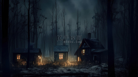 森林月亮夜晚背景图片_茂密森林中的迷人小屋覆盖 3D 插图