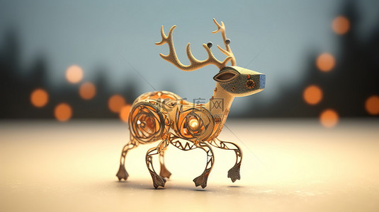 鹿卡通背景图片_3D 渲染的卡通驯鹿由木头制成，为圣诞节进行了节日装饰