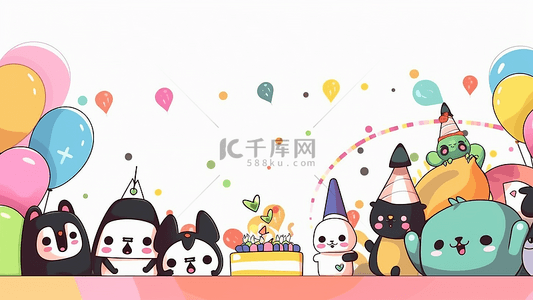 生日气球蛋糕背景图片_气球蛋糕小动物插画背景