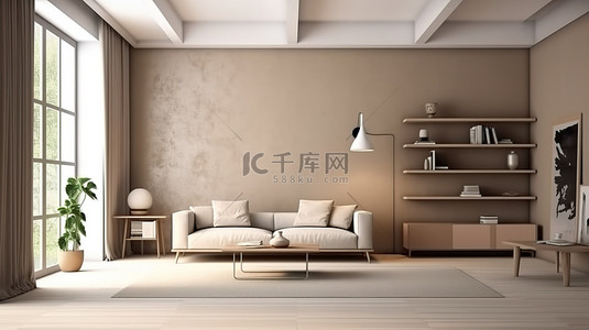 米色沙发背景图片_现代照明和米色墙壁模型增强了现代客厅的室内装饰