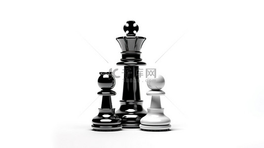 白色背景上孤立的黑白颠倒国际象棋皇后的 3D 插图