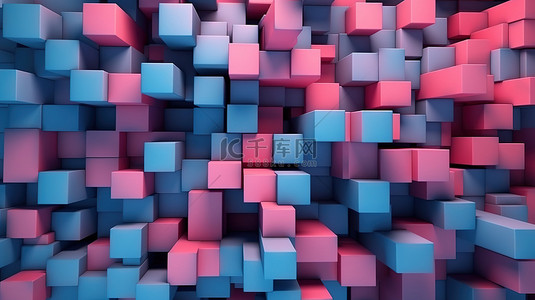 几何疯狂3D渲染粉色和蓝色方形条混沌背景