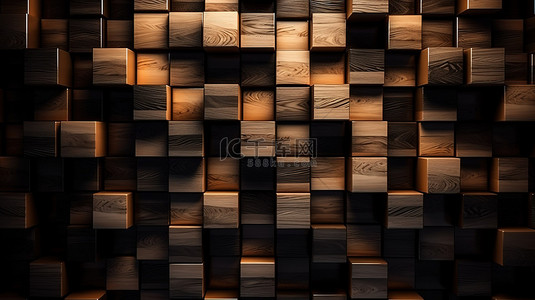 光滑的黑色背景上的墙壁艺术 3d 木制方块非常适合墙纸装饰或背景