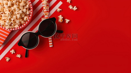 红色背景上的电影必需品拍板胶片卷轴爆米花和 3D 眼镜的顶部视图
