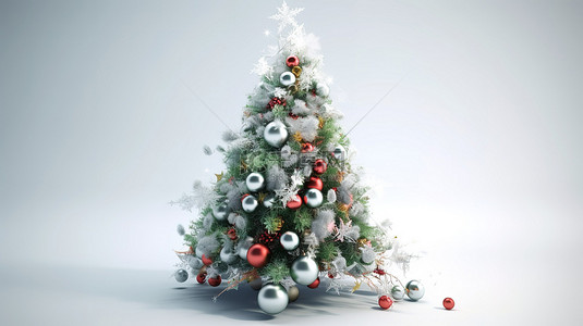 白色圣诞树背景图片_节日圣诞树装饰着白色背景上的 3D 渲染图