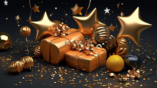 礼花元素背景背景图片_3D 渲染节日饼干与金气球明星礼物和五彩纸屑完美的新年庆祝活动