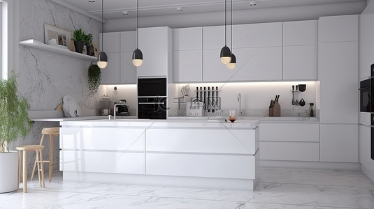家居厨房背景图片_简约的装饰在 3D 渲染中装饰白色厨房