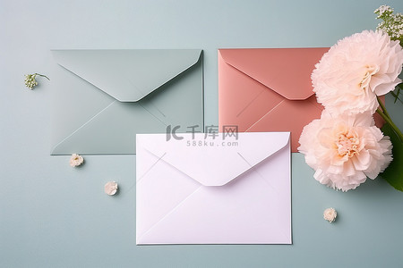 粉红色背景上的一个白色小信封和粉红色康乃馨