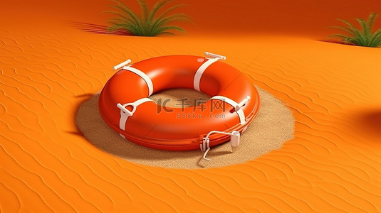 漂浮在橙色海滩背景上的救生圈的 3D 渲染，非常适合夏季救援主题