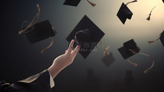 学校毕业插图 3d 渲染手将毕业帽抛向空中