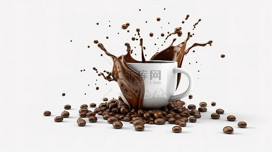 令人惊叹的 3D 插图，展示了一个白色杯子，里面装满了黑咖啡和咖啡豆，包括剪切路径