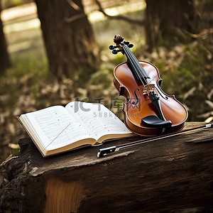 树林里的木凳上放着一把带有音乐的小提琴
