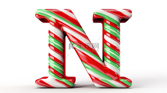 圣诞字母背景图片_白色背景 3d 渲染上带有红色条纹的字母表集合中的薄荷糖手杖字母 n