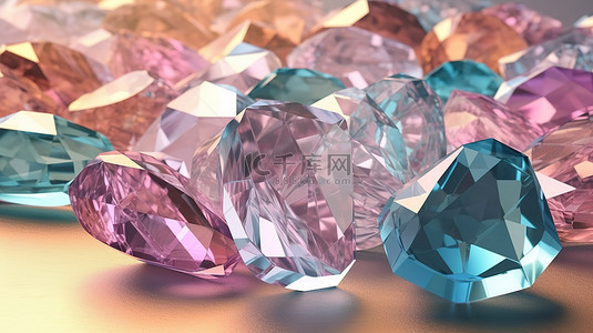 粉色卡通时尚背景图片_充满活力的水晶宝石，柔和柔和的色调，以 3D 渲染