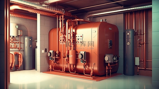 现代家居室内地下室锅炉系统的 3D 插图