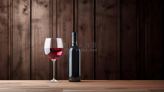 设计红酒瓶背景图片_木桌上的空红酒瓶和玻璃杯，有定制设计 3D 渲染的空间