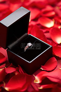 黑色盒子，红色花瓣上有订婚戒指