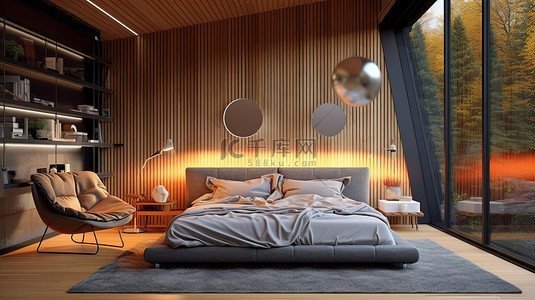 房地产设计背景图片_温馨宜人的现代卧室 3D 渲染图像