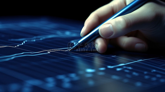 3d 渲染蓝色触摸屏商业投资图表与手持笔