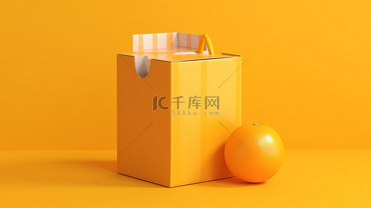 橙汁饮料背景图片_橙色背景上由纸板箱制成的一包橙汁纸盒和玻璃的 3D 插图