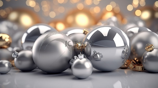 优雅的冬季假期插图动态 3D 风格与闪闪发光的银球和圣诞快乐的文字在豪华的光泽背景