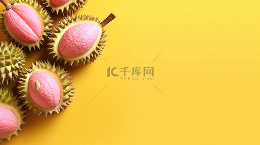 美容创意背景图片_粉红色背景下榴莲果的顶视图 3D 渲染，用于创意水果概念