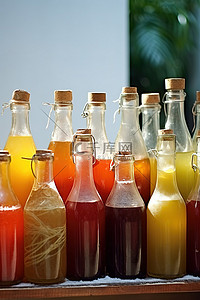 在活动期间坐着不同的彩色瓶装饮料