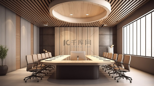 时尚的会议室，配有灰色板条墙，内置木柜和现代桌子 3D 渲染