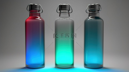 灰色药瓶背景图片_三个逼真的玻璃水瓶，带有灰色硅胶手柄 3D 渲染 RGB 插图