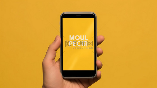 黄色背景下手持智能手机模型的 3D 渲染