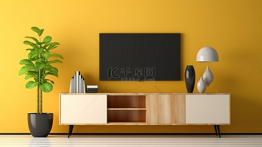 现代客厅配有时尚的电视柜，装饰着台灯充满活力的花朵和郁郁葱葱的绿色植物，映衬着阳光明媚的黄色墙壁 3D 渲染