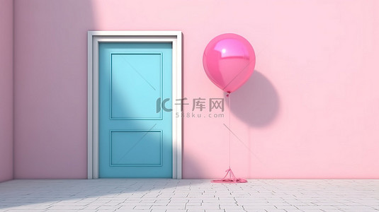 过渡疲劳背景图片_蓝色的门在粉红色的背景下关闭，带有阳光照射的色调和阴影以及白色的 3D 气球