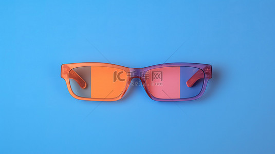 保护眼睛眼背景图片_带有蓝色和橙色 3D 眼镜的粉红色背景的顶视图